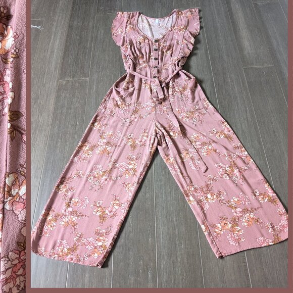 Xhilaration, Mauve Floral Cropped Jumpsuit with Ruffles, Vneck, Size S - Picture 2 of 14